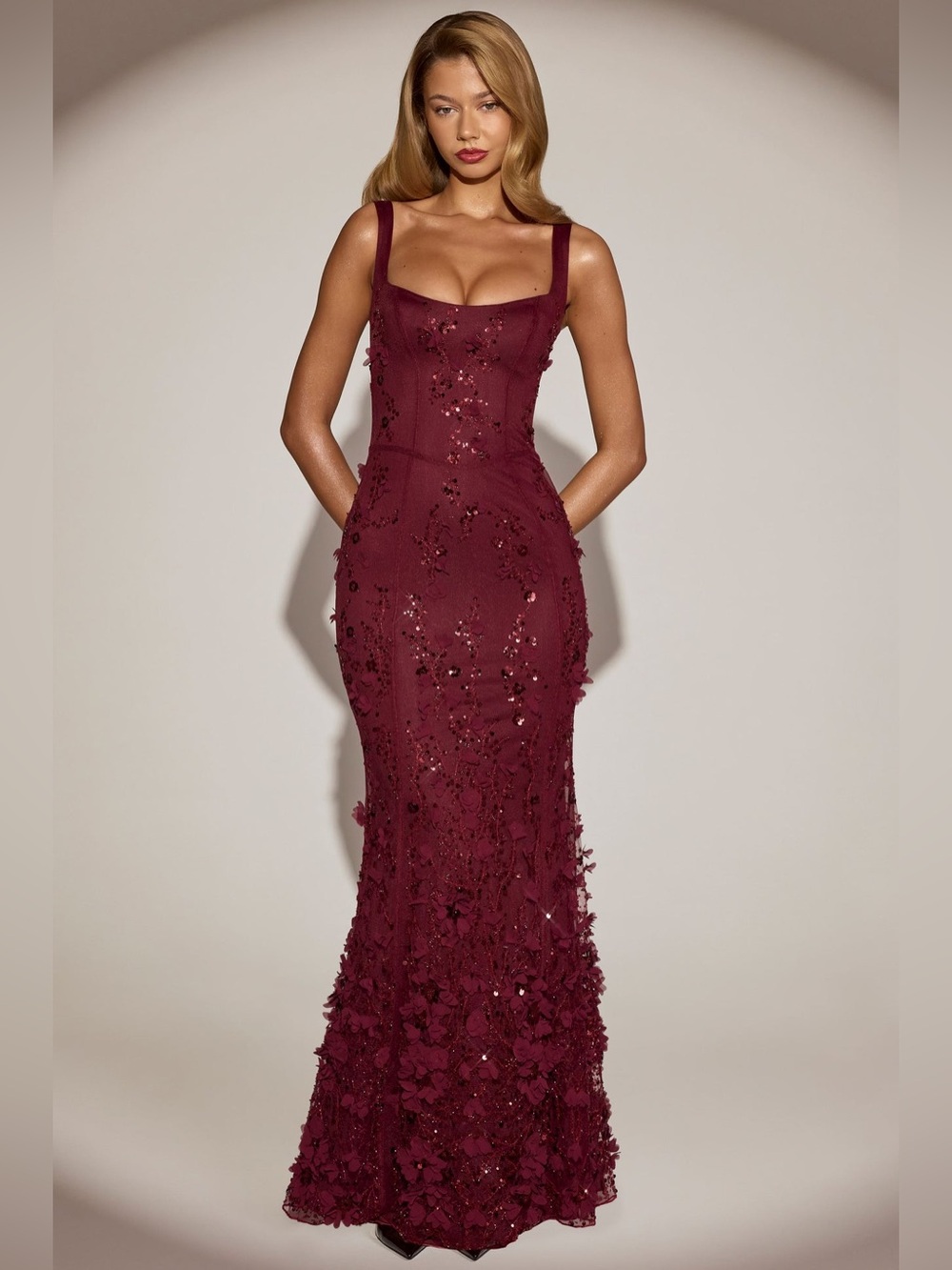 Oh Polly Vasanta Embellished Appliqué Soft Scoop Corset Gown in Wine Red